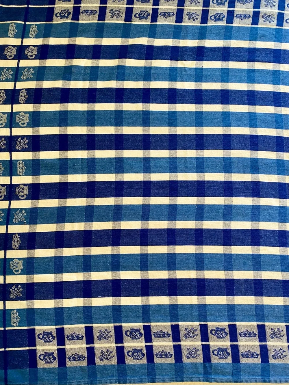 Vintage April Cornell Blue Teapot Tablecloth 46x46